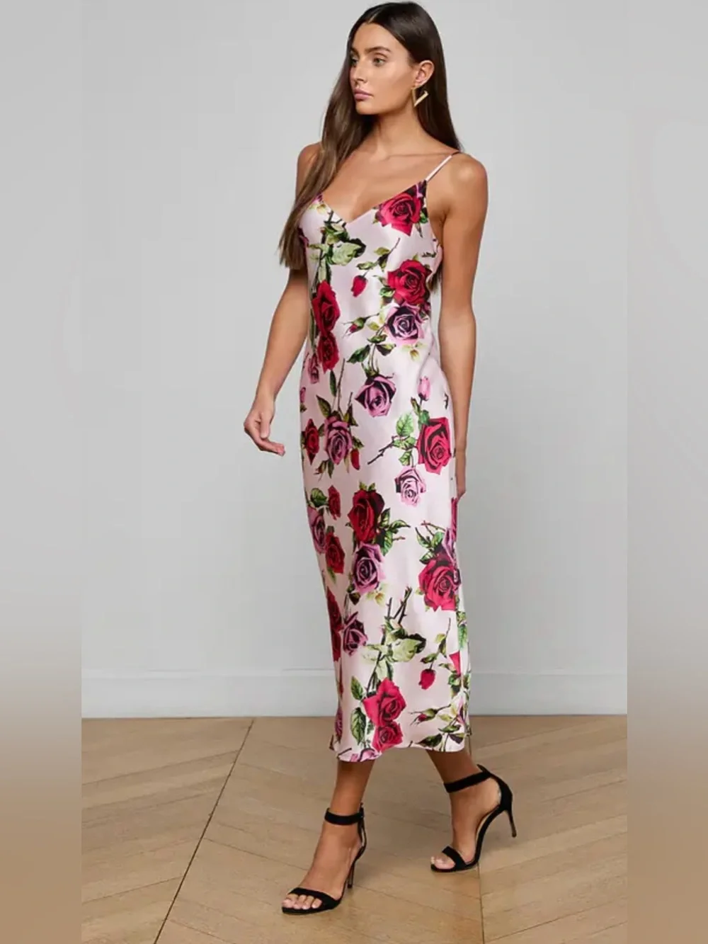 L'AGENCE Seridie silk slip dress. Pink Floral Slip Midi Dress with Rose Print